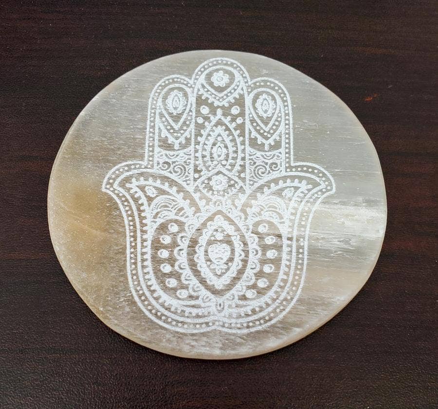 Orange Selenite Coaster/Altar Tile - Hamsa 3