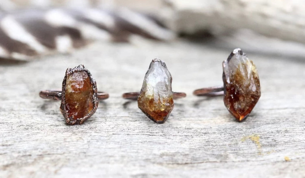 Raw citrine ring, November birth stone, Natural Gemstone crystal, red copper plate ring